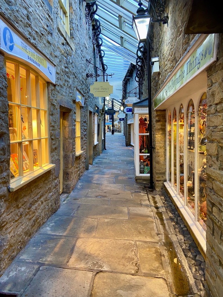 A narrow cobblestone alleyway lined with quaint shops, including a bookshop, illuminated by warm lights and a glass ceiling.